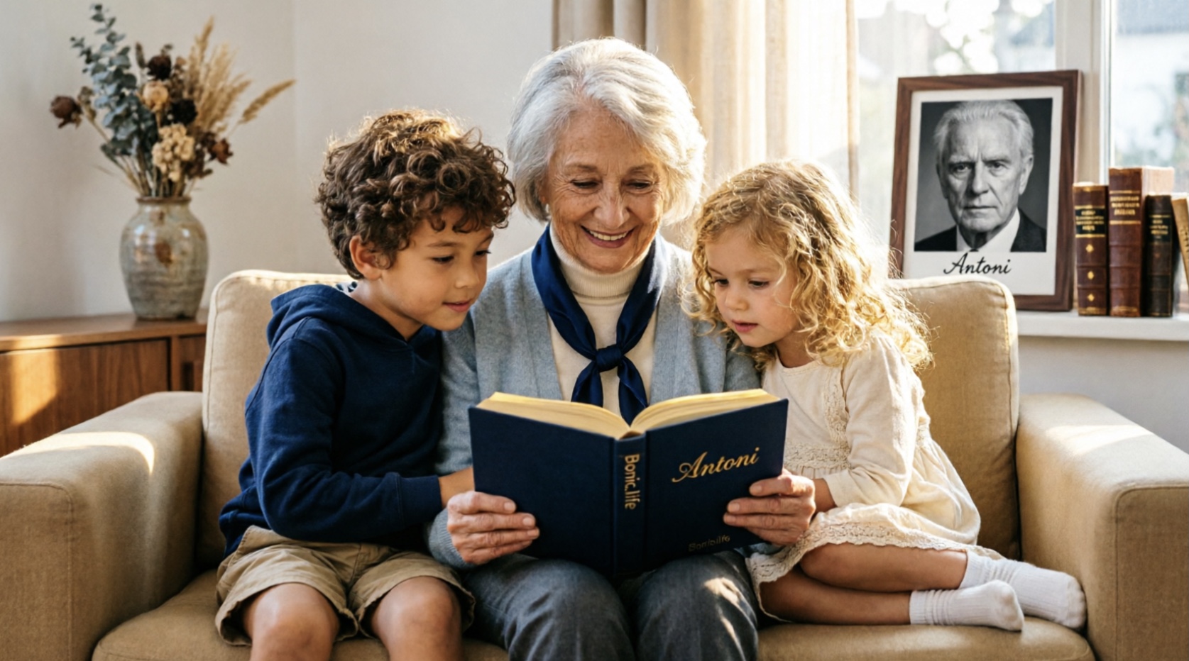 Abuela leyendo un libro biográfico con sus dos nietos en el sofá