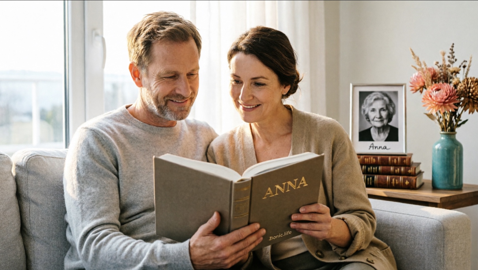 Un hombre sostiene el libro biográfico ANNA de Bonic.life, con emoción